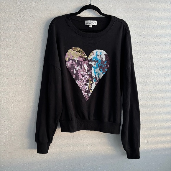 WILDFOX OVERSIZED SEQUINED HEART BLACK PULLOVER CREWNECK SWEATSHIRT - Picture 2 of 8